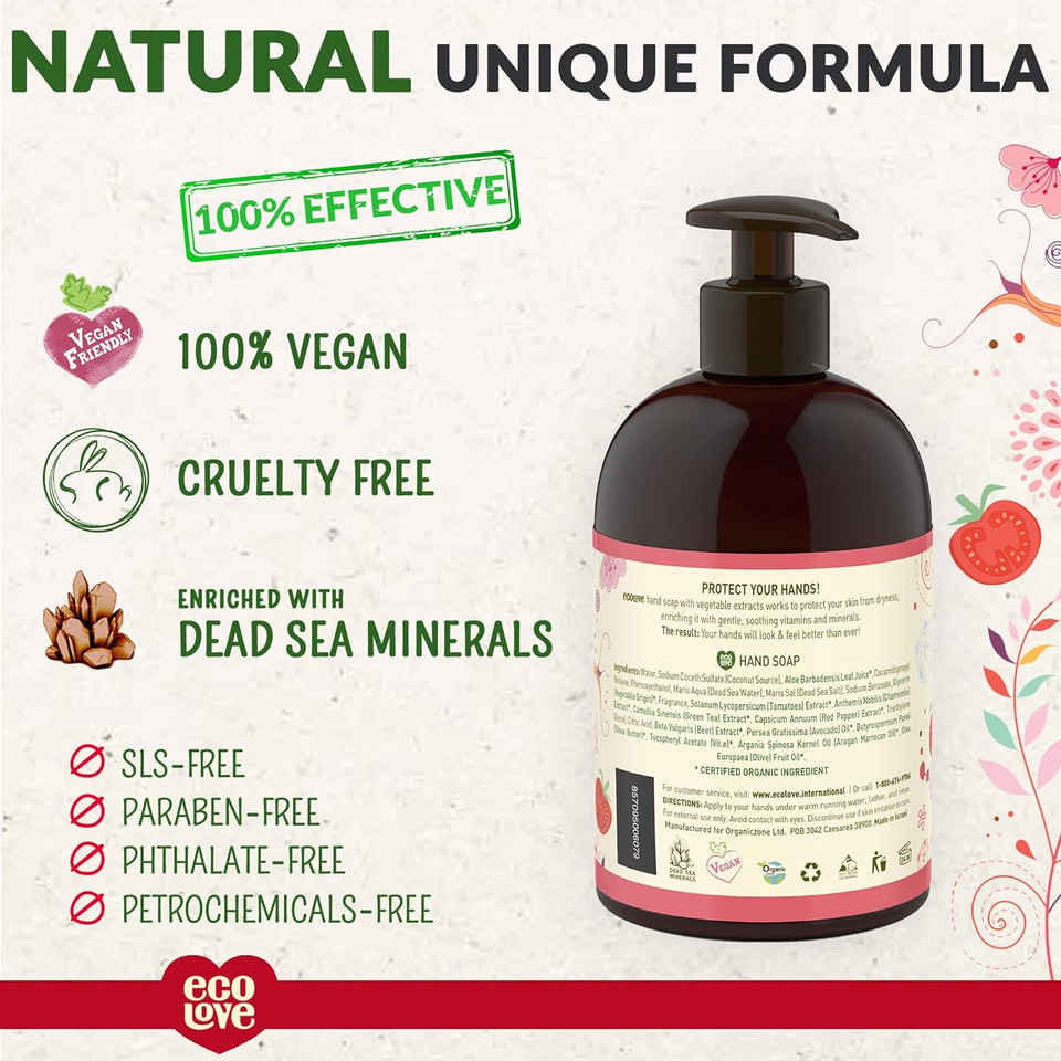 Ecolove - Natural Liquid Hand Soap - Organic Tomato And Beetroot - No Sls Or Parabens - Vegan And Cruelty-Free Hand Soap, 17.6 Oz