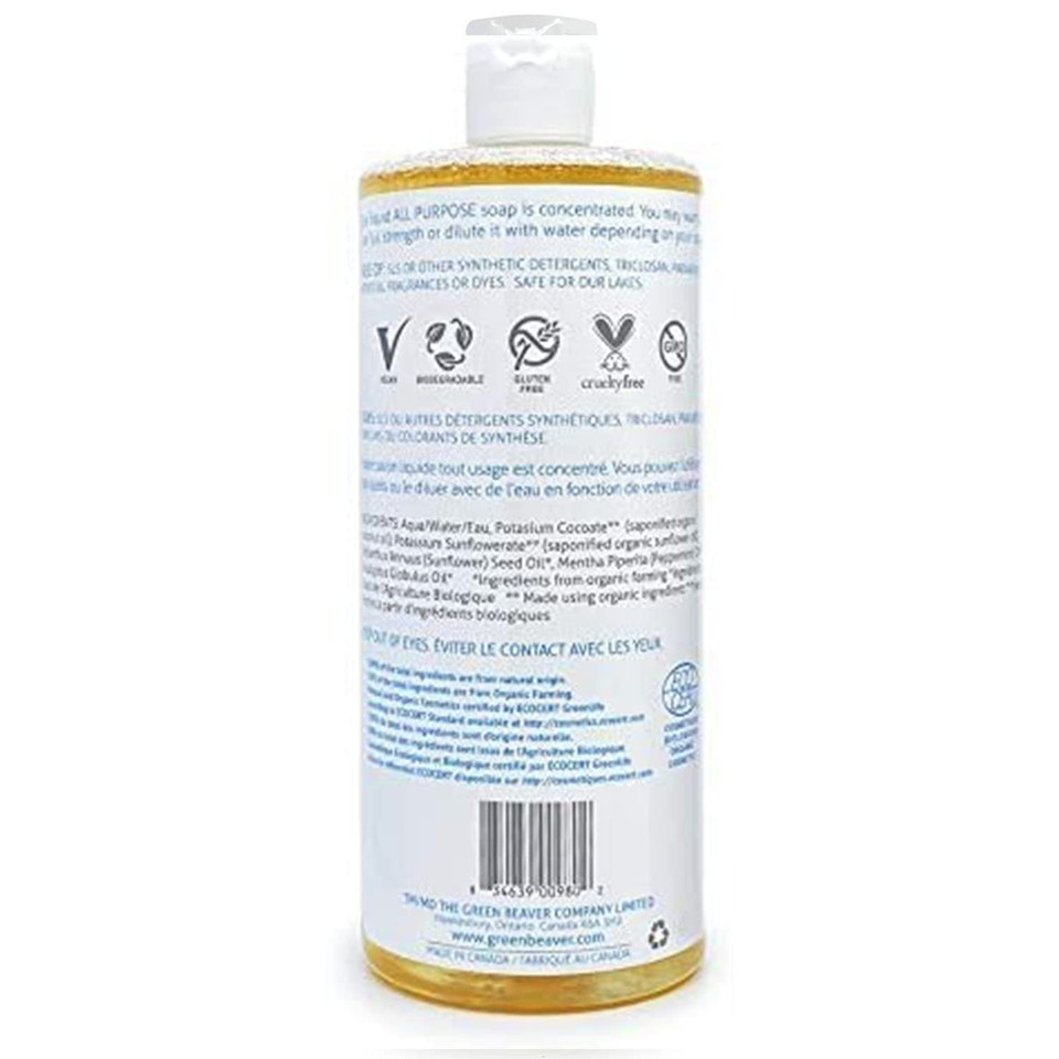 Green Beaver All Purpose Liquid Soap, Natural All Purpose Concentrated Castile Soap, Hand, Laundry, Body And House Wash For All Skin Types, Frosty Mint, 1 Liter
