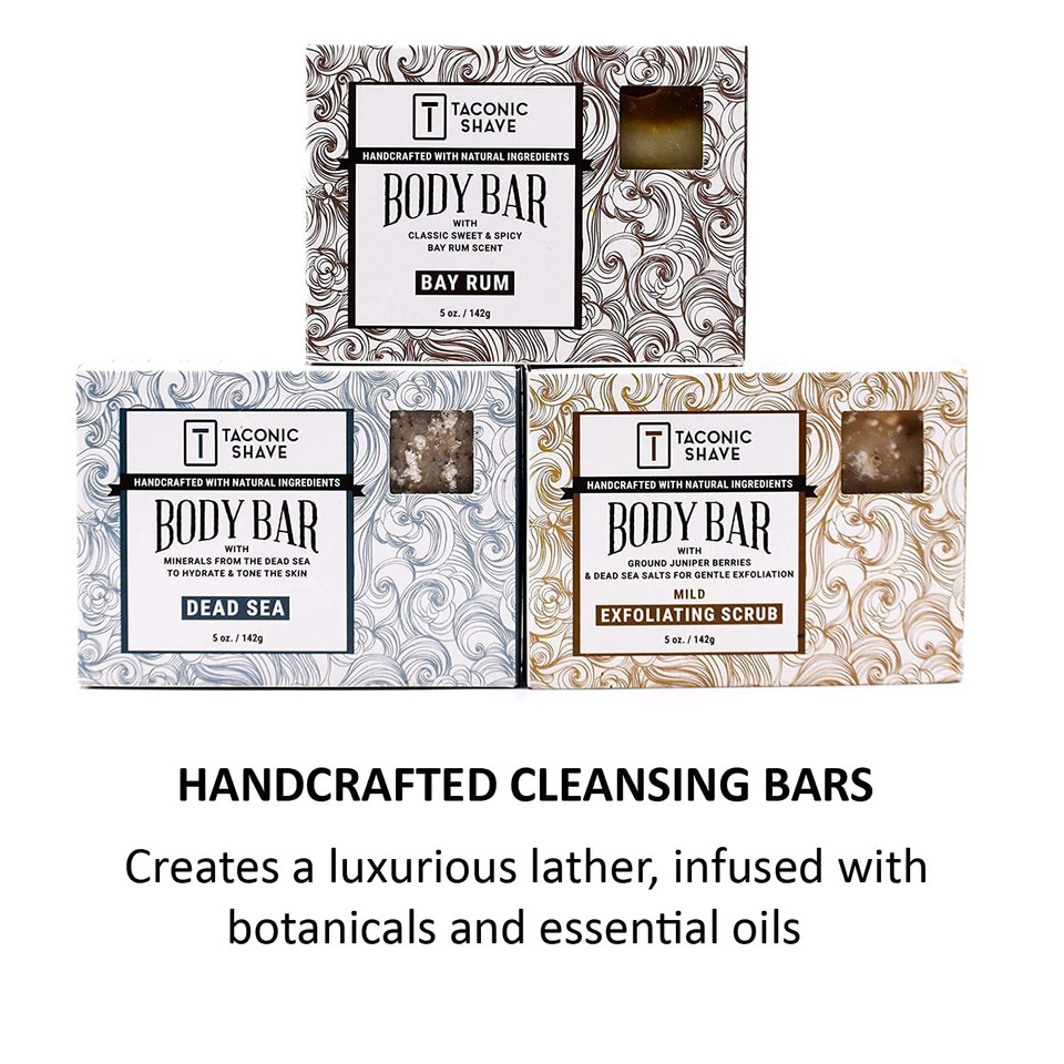 Taconic Shave, Natural Body Soap Bar Variety Pack With 3 Bars ÃÂ 1 Bar Each Of Taconicã¢ÂS Bay Rum, Exfoliating Scrub And Dead Sea Salt, Handmade In The Usa