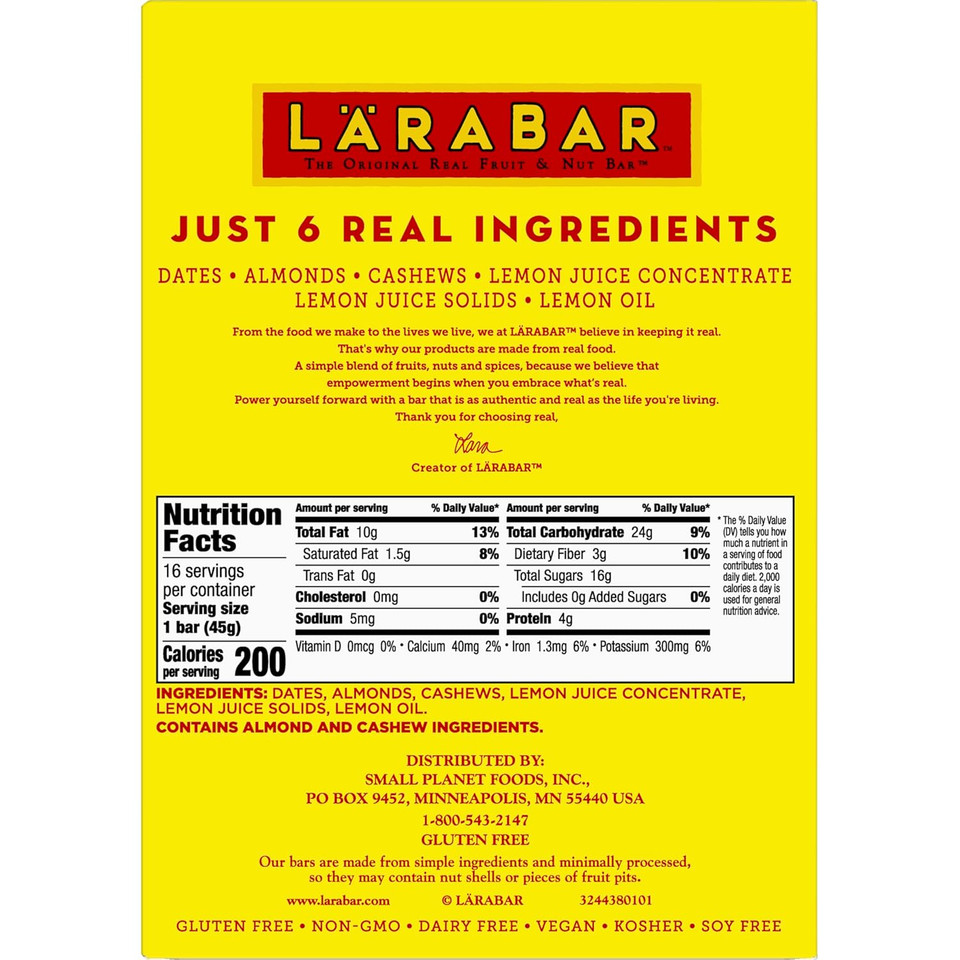 Larabar Lemon Bar, Gluten Free Vegan Fruit & Nut Bar, 1.6 Oz Bars, 6 Ct