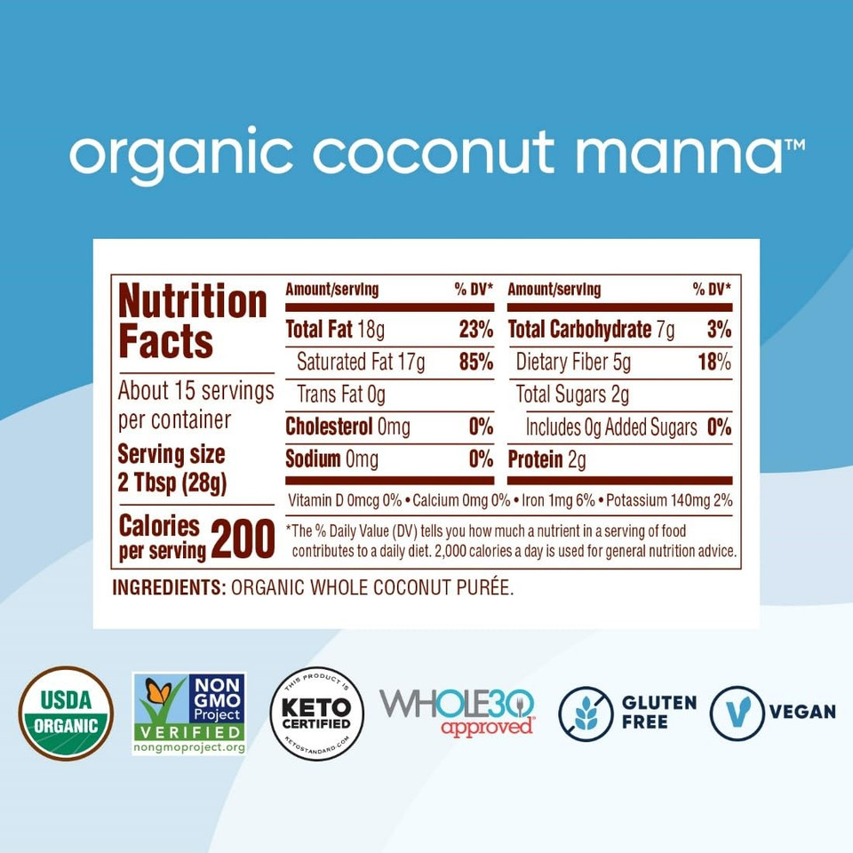 Nutiva Organic Coconut Manna Purã£Â©Ed Coconut Butter, 15 Oz (Pack Of 2), Usda Organic, Non-Gmo, Whole 30 Approved, Vegan, Gluten-Free & Keto, Creamy Spread To Boost Smoothies & Oatmeal