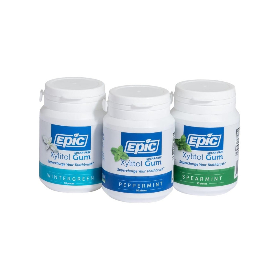 Epic Xylitol Chewing Gum - Sugar Free & Aspartame Free Chewing Gum Sweetened W/Xylitol For Dry Mouth & Gum Health (Assorted, 50-Piece Bottle, 3 Bottles)