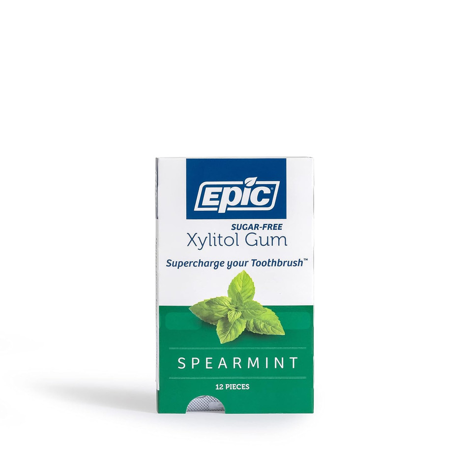 Epic Xylitol Chewing Gum - Sugar Free & Aspartame Free Chewing Gum Sweetened W/Xylitol For Dry Mouth & Gum Health (Spearmint, 12-Piece Pack, 12 Packs)