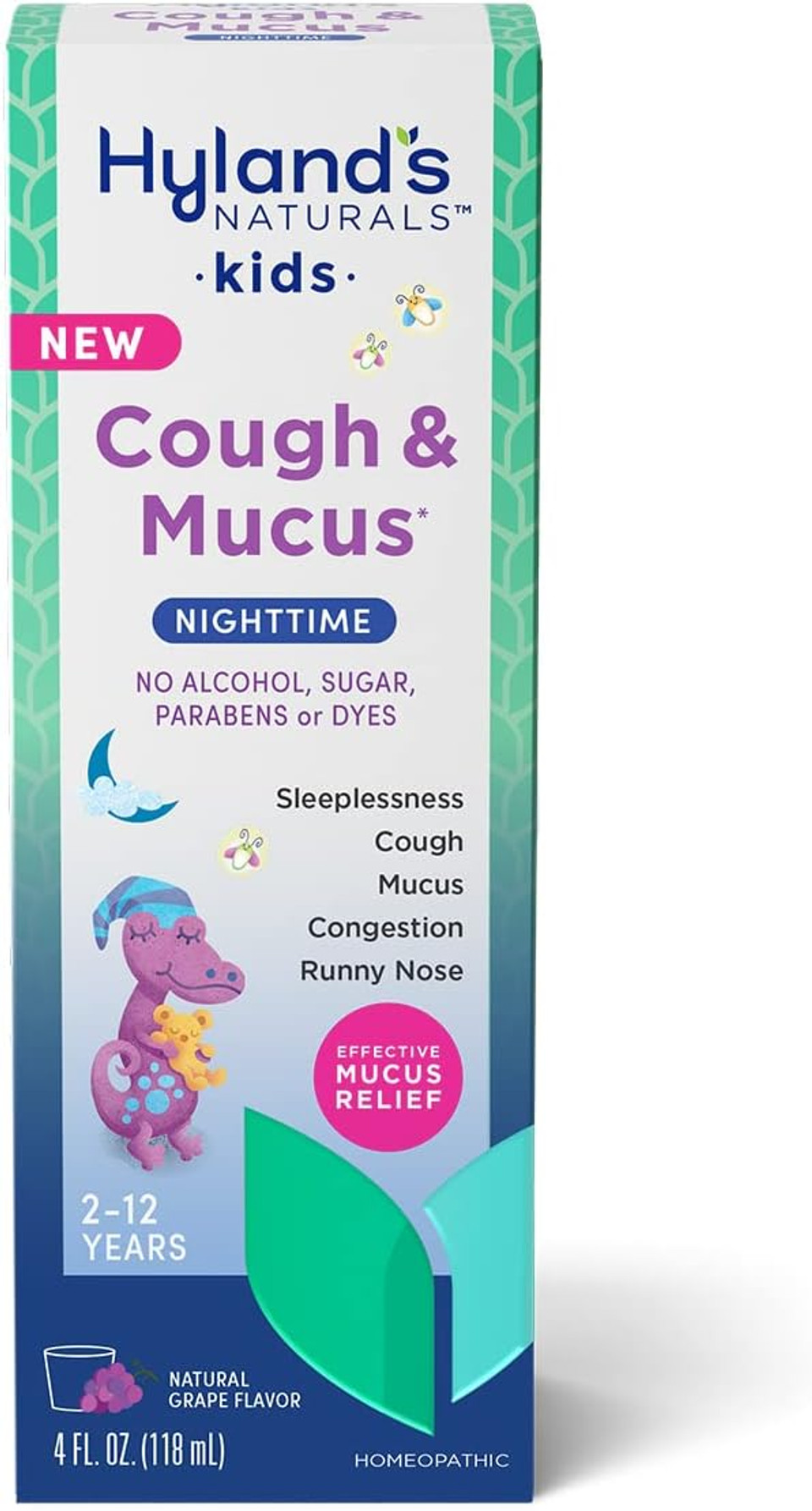 Hyland'S Naturals Kids Cough & Mucus Nighttime, Kids Cough Medicine For Ages 2-12, Grape Flavor, Natural Relief Of Sleeplessness, Cough, Runny Nose, Mucus & Congestion, 4 Ounces