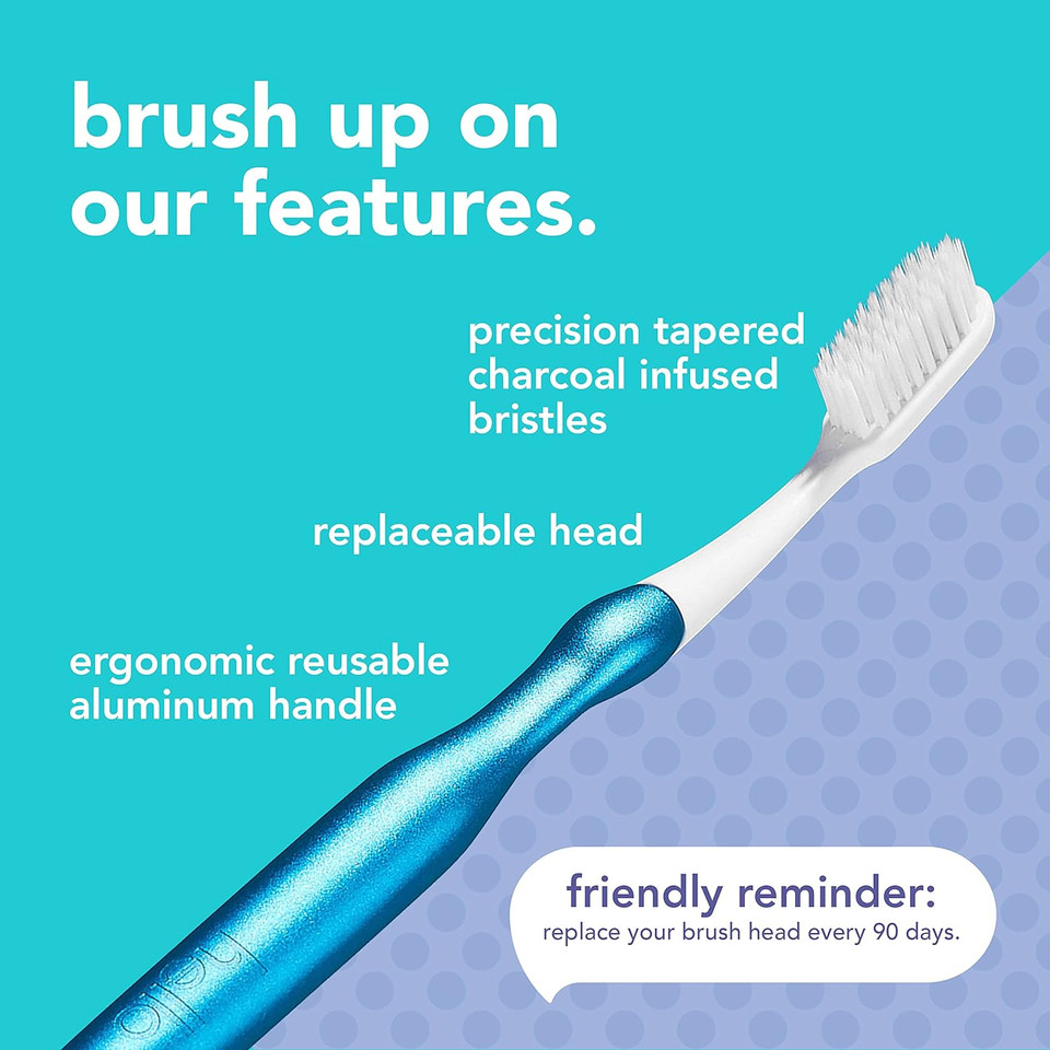 Hello Manual Adult Blue Toothbrush Replacement Head Refills, Soft Tapered Bristles, Bpa Free, 2 Count, 4 Toothbrush Refill Heads