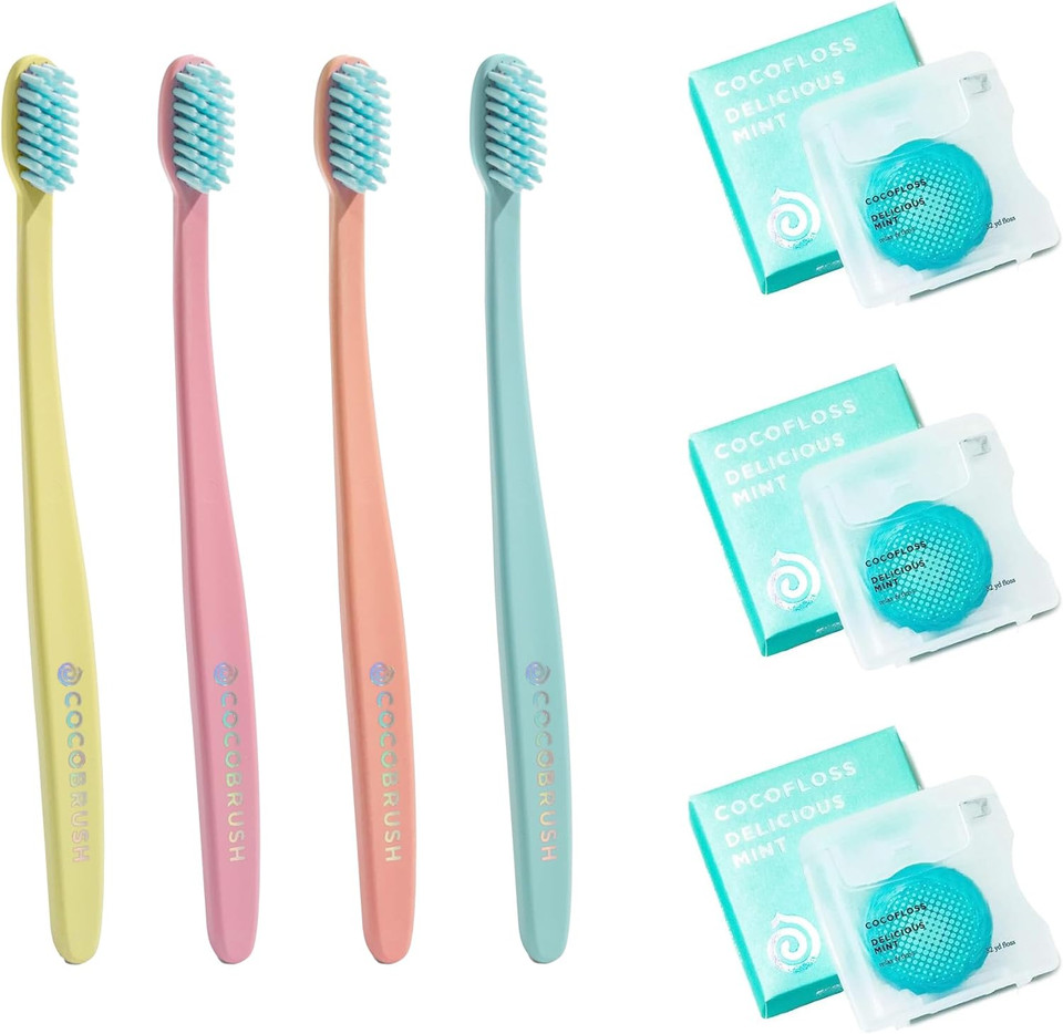 Cocofloss Oral-Care Set, 3 Spools Delicious Mint Dental Floss & 4 Cocobrushes, Woven String Floss With Coconut Oil, Ultra-Soft Manual Toothbrush, Dentist-Designed
