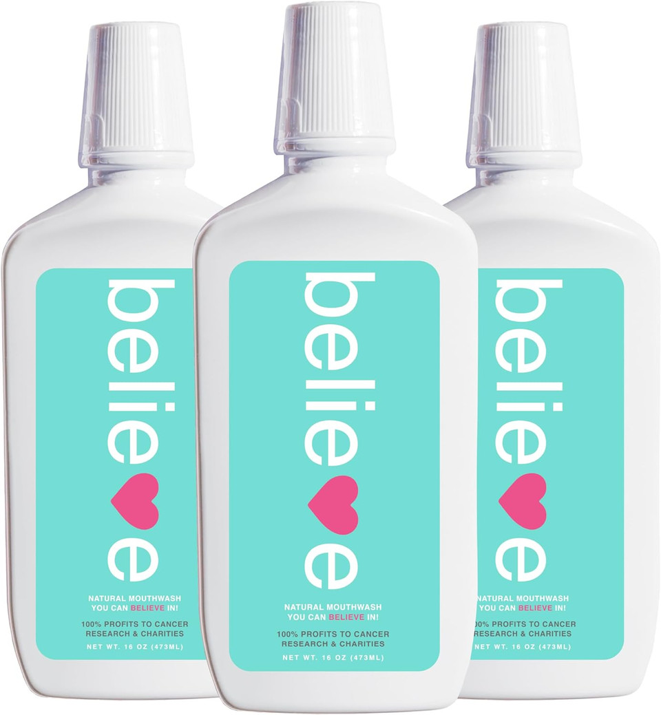 Believe Oral Care, 100% Of Profits Donated To Cancer Research, Mouthwash, 3 Pack, 16 Fl Oz | Whitens, Soothes, Freshens | All Natural, Alcohol Free, Dye Free, Gmo Free, Fluoride Free, No Preservatives