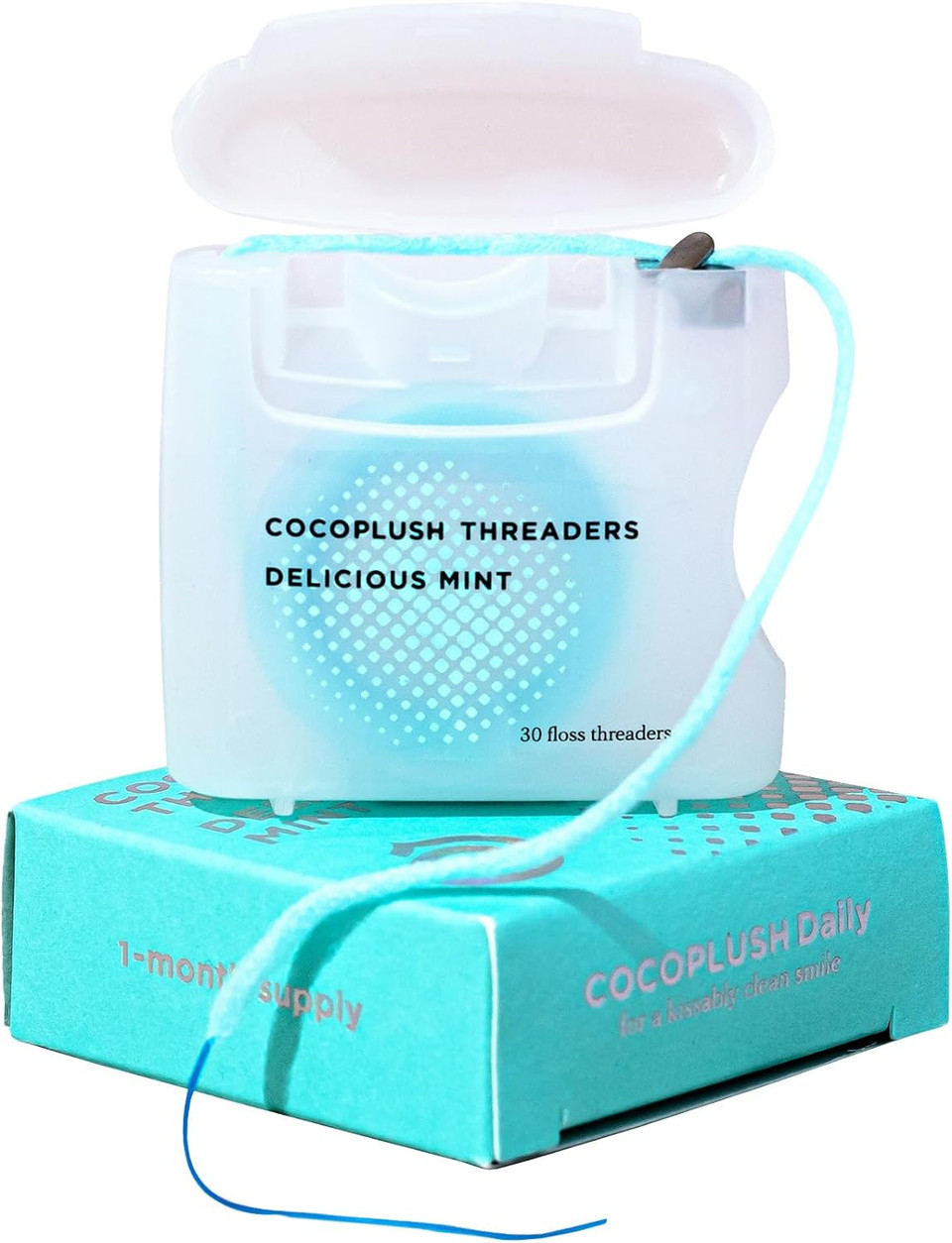 Cocofloss Cocoplush Threaders, Dental Floss For Implants, Bridges, And Braces, Mint, Waxed, Dentist-Designed Oral Care With Coconut Oil, 30 Per Pack