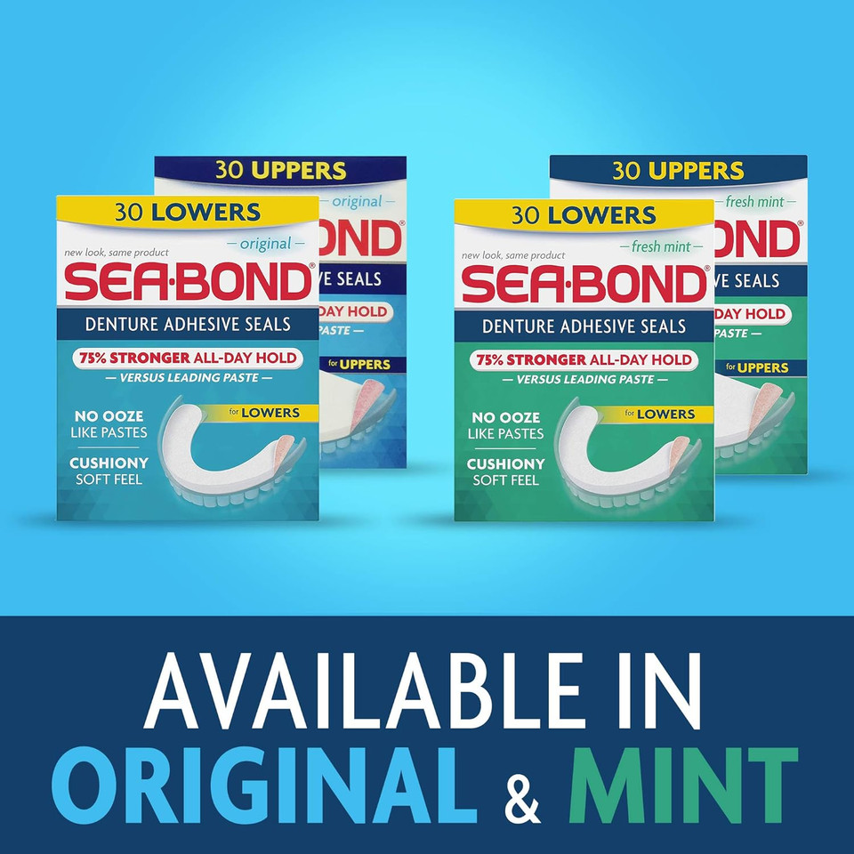 Sea Bond Secure Denture Adhesive Seals Multipack, Zinc Free, All Day Hold, Mess Free, Original Uppers And Lowers- 30 Each