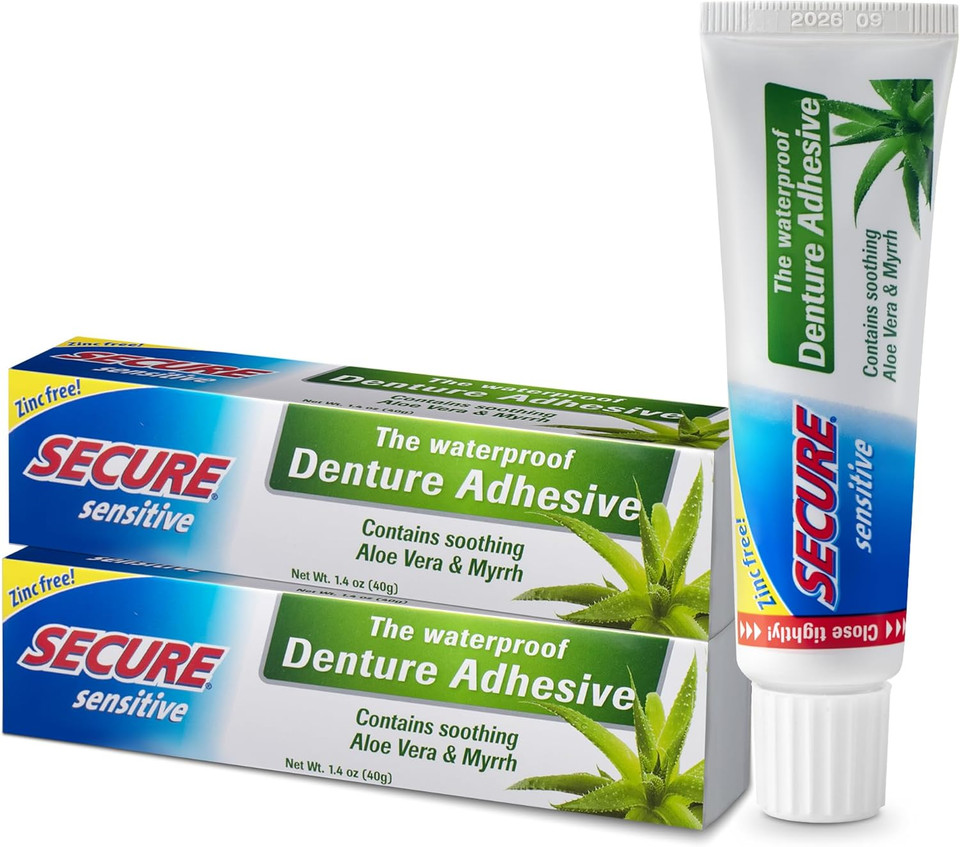 Secure Sensitive Denture Adhesive With Aloe Vera & Myrrh  12-Hour Max Hold  Patented Waterproof Seal  For All Denture Types  Food Grade Ingredients  Fsa Hsa Approved  1.4 Oz