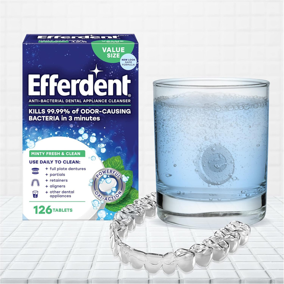 Efferdent Retainer Cleaning Tablets, Denture Cleanser Tablets For Dental Appliances, Fresh & Clean, Minty Fresh, 90 Tablets