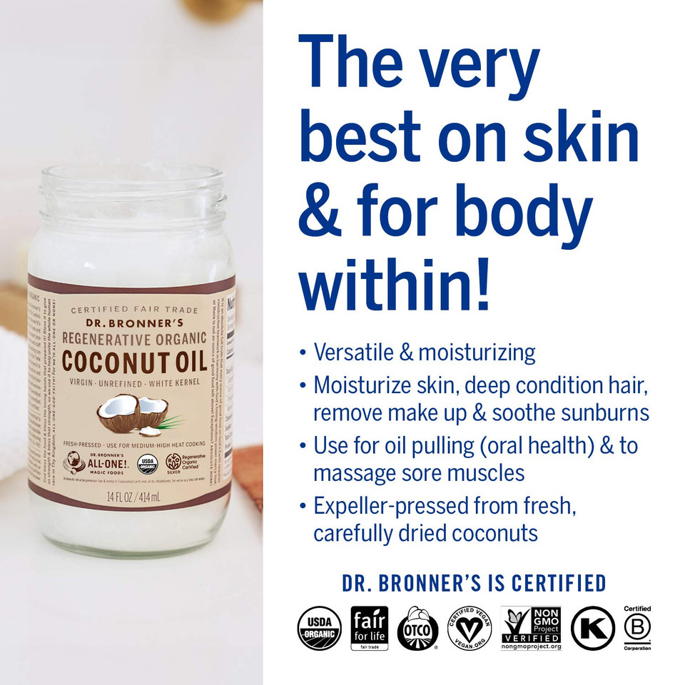 Dr. Bronner'S - Organic Virgin Coconut Oil (White Kernel, 14 Ounce) - Coconut Oil For Cooking, Baking, Hair & Body, Unrefined & Fresh-Pressed, Mild Flavor, Versatile, Fair Trade, Vegan, Non-Gmo