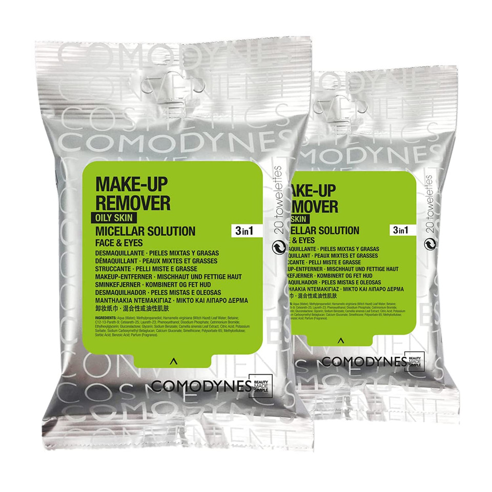 (2 Pack) Comodynes Make-Up Remover Oily & Combination Skin,Wipes - Regulate And Purify The Skin - Green Tea Extract