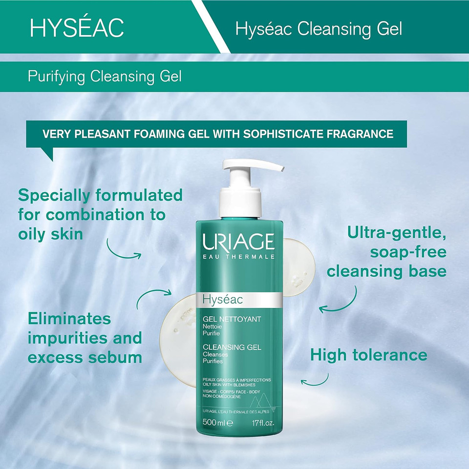 Uriage Hyseac Cleansing Gel, 17 Fl Oz + Hyseac Mat' Matifying Emulsion 1.35 Fl.Oz. | Daily Skincare Routine For Oily To Combination Skin Prone To Acne