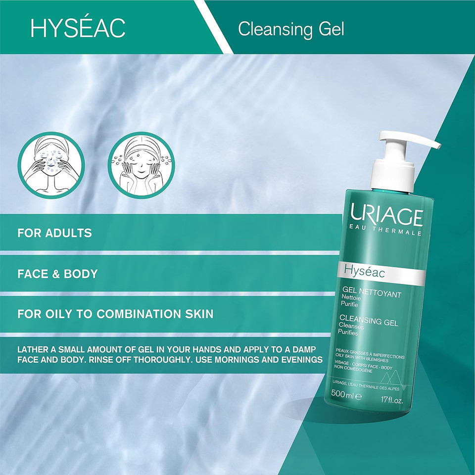 Uriage Hyseac Cleansing Gel, 17 Fl Oz + Hyseac Mat' Matifying Emulsion 1.35 Fl.Oz. | Daily Skincare Routine For Oily To Combination Skin Prone To Acne