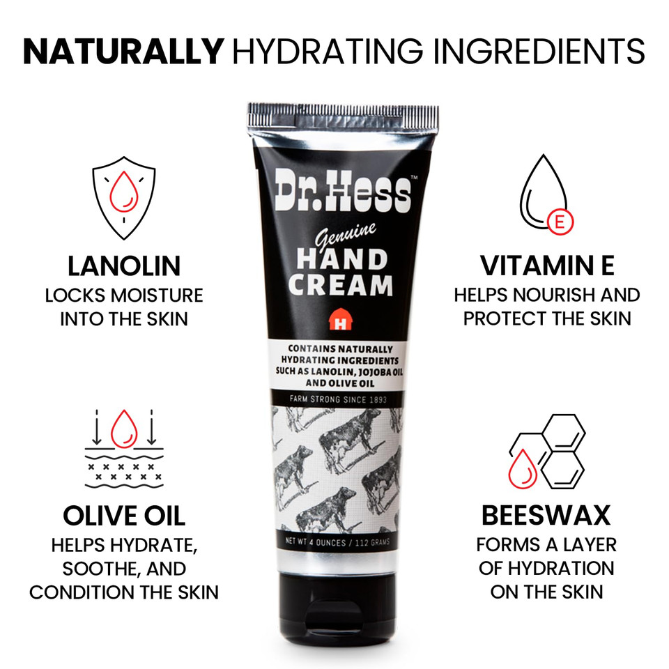Dr. Hess Genuine Hand Cream, Nourishing & Softening Lotion For Dry, Cracked Hands & Heels, Eczema Relief, With Lanolin, Beeswax, Olive Oil & Vitamin E, Cruelty-Free, 4 Oz 3 Pack