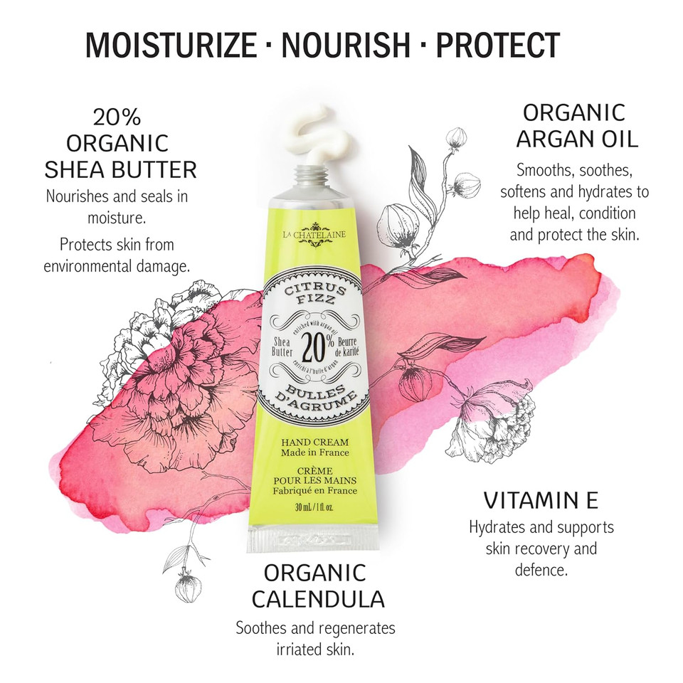 La Chatelaine 20% Shea Butter Hand Cream Travel Size, Organic Argan Oil, Moisturizing, Nourishing, Repairing, Extra-Rich Hand Lotion, Made In France, Paraben Free, 1 Oz / 30Ml (Citrus Fizz)
