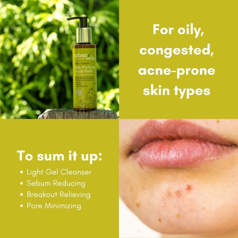 Urban Veda Daily Purifying Face Wash For Women - Cleanser W/Tea Tree Oil, Vitamin C & Eucalyptus For Acne/Oily Skin - Sensitive Gentle Skincare, Natural Balancing, Vegan & Cruelty Free