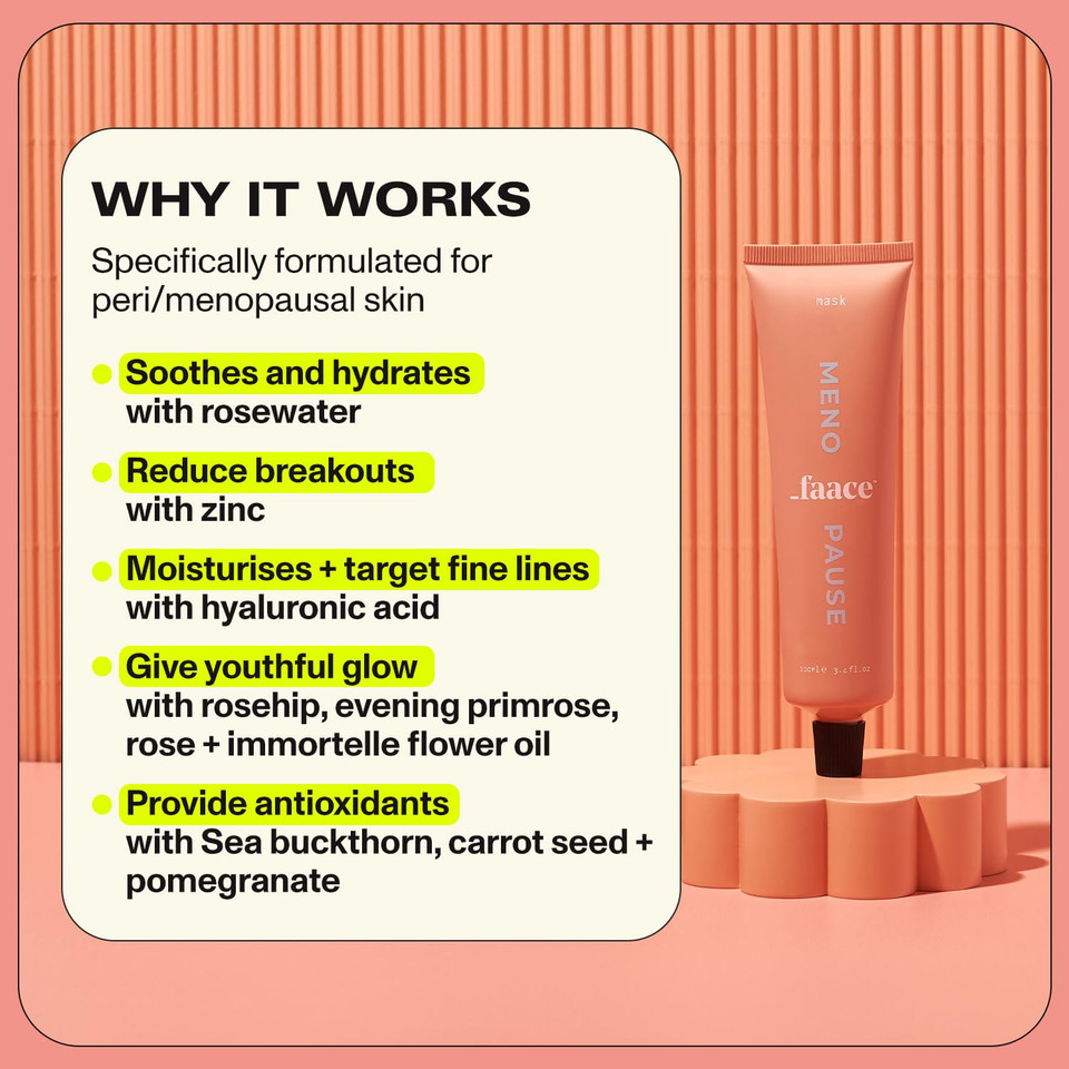Faace Menopause Face Mask Beauty - Vegan Daily Face Cream For Menopausal Skin - Vegan Collagen, Rose Water, Rosehip Oil - Cruelty-Free & Organic Skincare - 40 Uses - 100 Ml