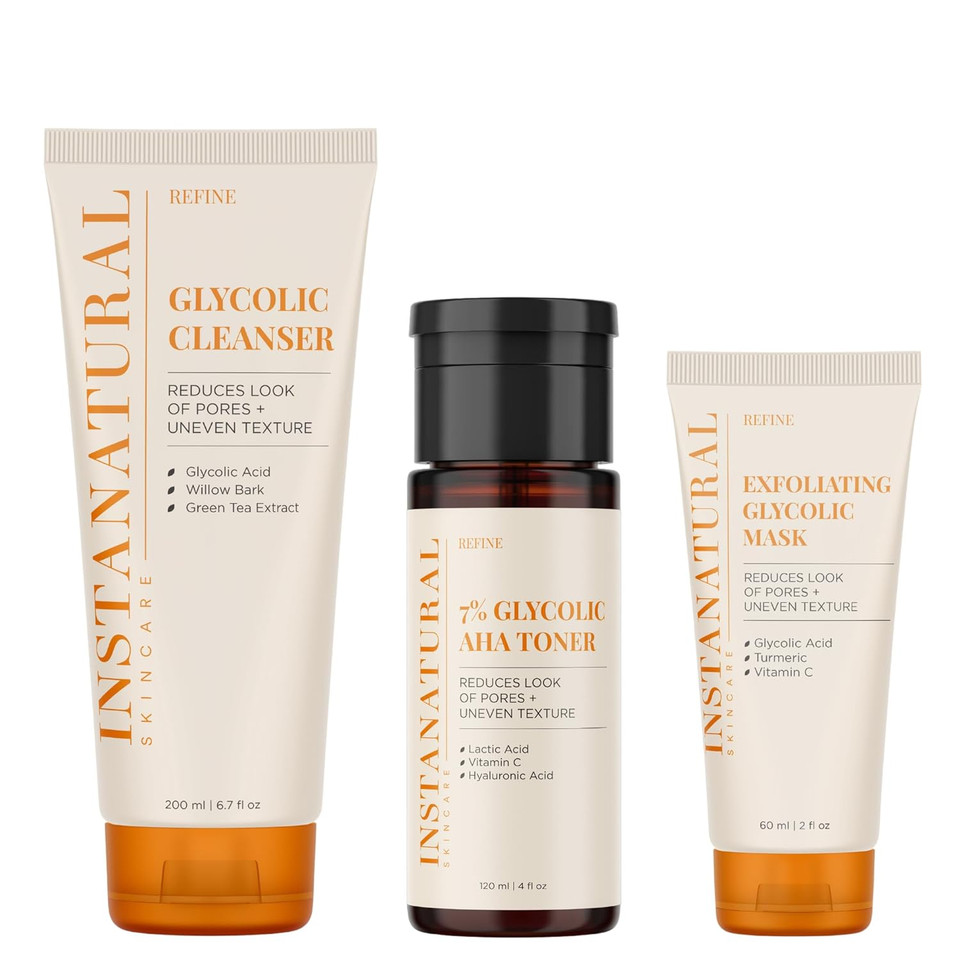 Instanatural Glycolic Cleanser, Toner, And Exfoliating Mask Bundle, Brightens, Reduces The Look Of Pores And Uneven Texture, Gently Exfoliates, With Glycolic Acid And Botanical Extracts
