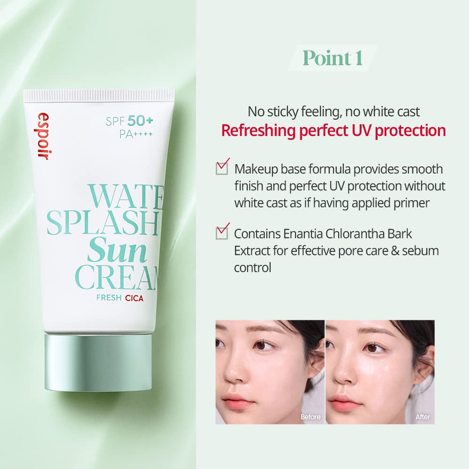 Espoir Water Splash Sun Cream Fresh Cica 2 Oz Spf50+ Pa++++ | Moisturizing And Soothing Vegan Sun Block Skin Care With Green Tea Cica | Substitute Sunscreen For Bb Cream | Korean Base Makeup