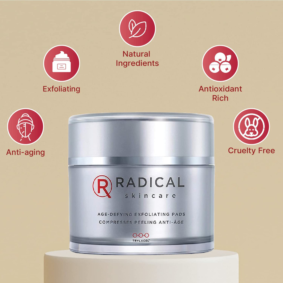 Radical Skincare Age-Defying Exfoliating Pads - Remove Dead Skin, Even & Brighten Skin Tone For Radiant Glow - For All Skin Types Including Sensitive Skin - Paraben & Cruelty Free (60 Pads)