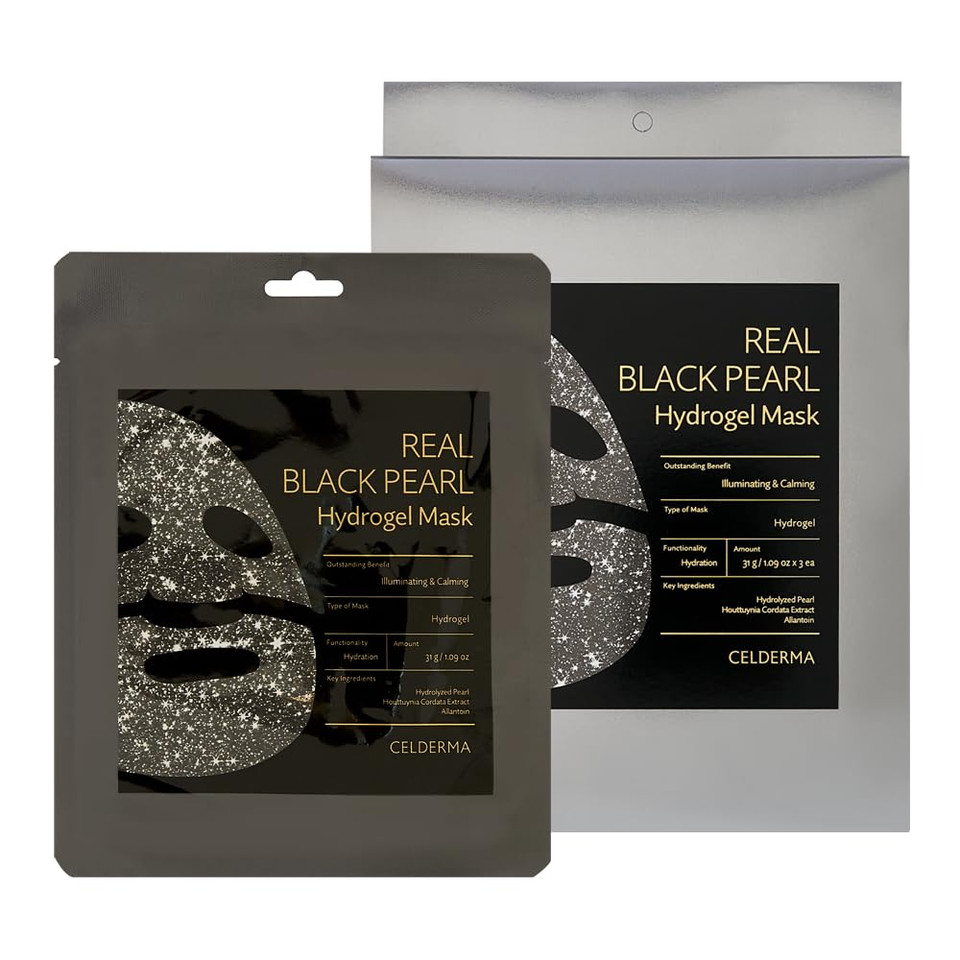 Celderma Real Black Pearl Hydrogel Mask [3 Masks], Illuminating & Calming, Hydrogel Mask, Hydration, Glowing, Soothing, Anti-Aging