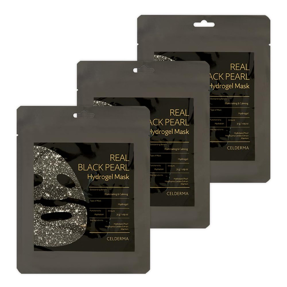 Celderma Real Black Pearl Hydrogel Mask [3 Masks], Illuminating & Calming, Hydrogel Mask, Hydration, Glowing, Soothing, Anti-Aging