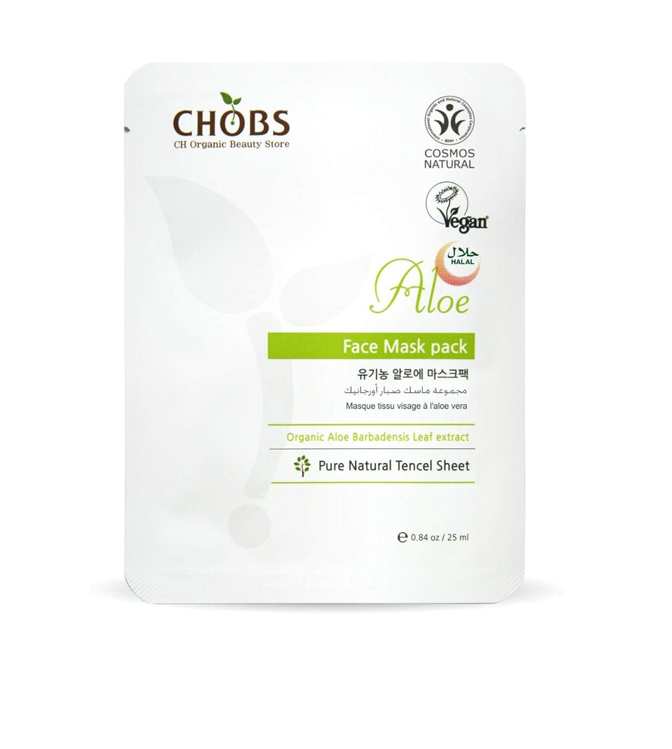 Chobs Organic Aloe Face Mask Pack, Organic Herb Extracts, Organic Aloe Extract, Skin-Friendly, Moisture-Rich, Semi-Gel Sheet, For Sensitive Skin, Bdih/Vegan/Halal Certified, Clean Beauty, No Cruelty, K-Beauty, 0.84 Oz(Pack Of 1)