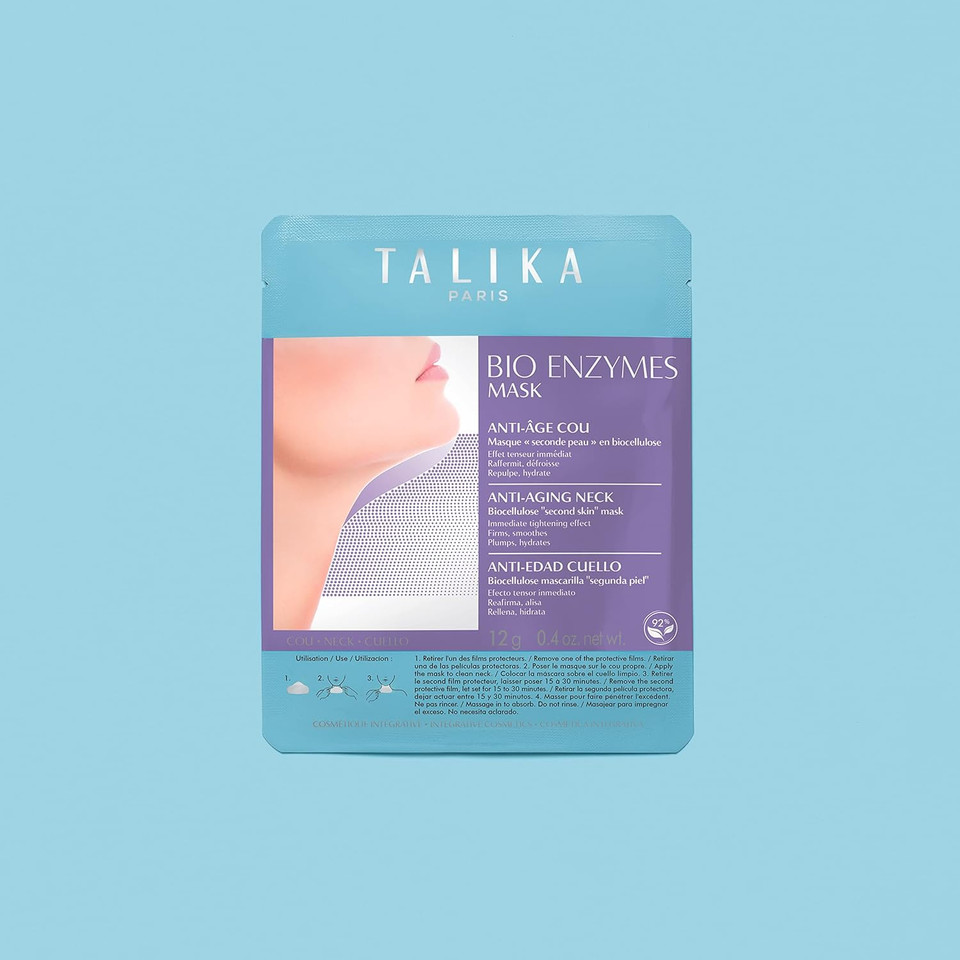 Talika Bio Enzymes Mask Neck - Smoothing Anti-Aging Neck Mask - Biocellulose Moisturising Neck Mask - Second Skin Effect Beauty Sheet Mask - 12G