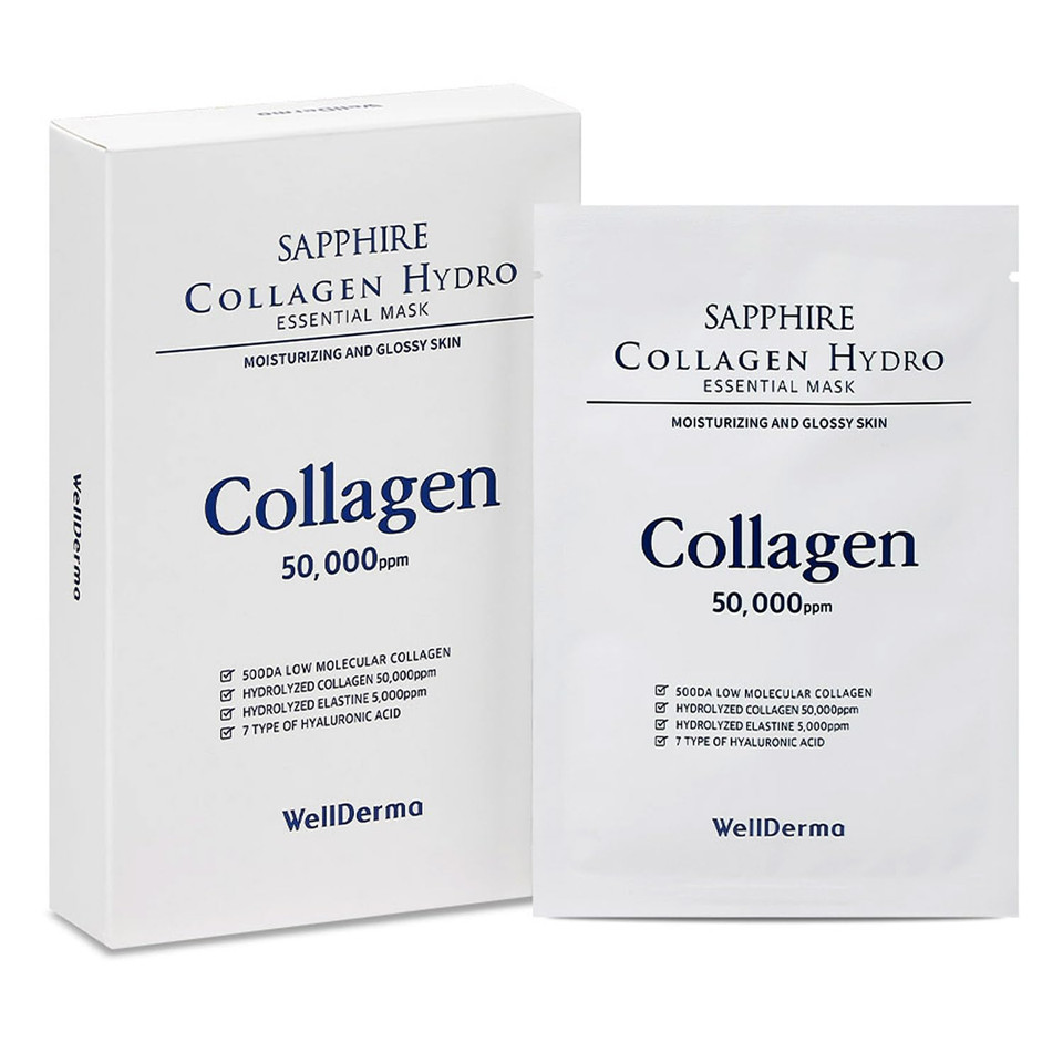 Wellderma Sapphire Collagen Hydro Essential Mask 10 Sheets Skin Brightening, Soothing Calming, Remove Dark Spots, Hyaluronic Acid, Reduce Rednesshydro Essential