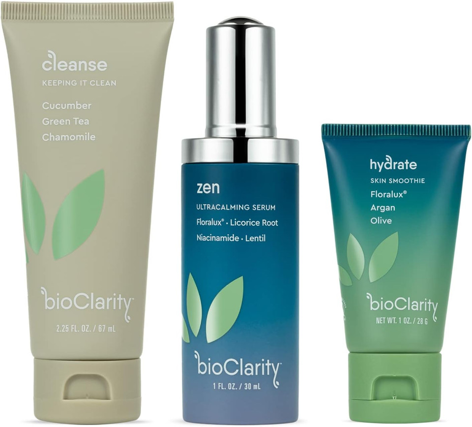 Bioclarity 3-Step Ultra Calming Routine For Redness-Prone Skin | 100% Clean, Vegan Ingredients | Contains Chamomile, Floralux, Vitamin B3, Lentil