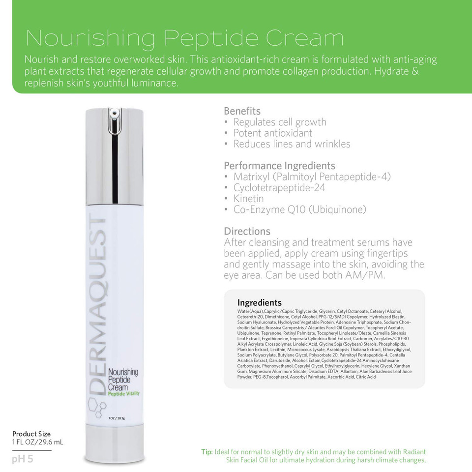 Dermaquest Peptide Vitality Nourishing Peptide Cream - Anti Aging, Hydrating, Face Moisturizer Reduces Wrinkles & Fine Lines - For Normal To Dry Skin - For Men & Women (2Oz)