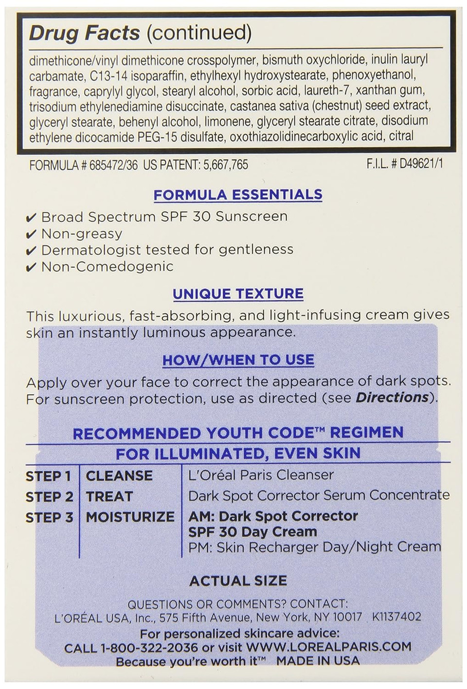 L'Oreal Paris Youth Code Dark Spot Corrector Facial Day Cream Spf 30