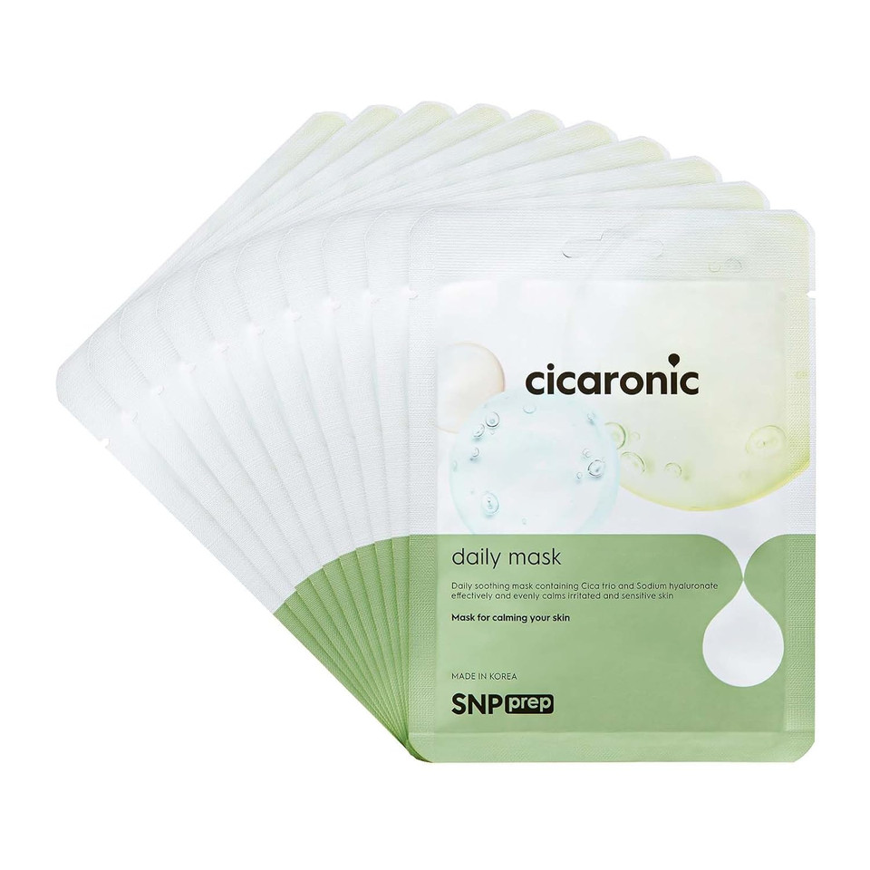 Snp Prep - Cicaronic Essence Daily Korean Sheet Mask - Soothing & Calming Effects For All Sensitive Skin Types With Hyaluronic Acid & Centella Asiatica - 10 Sheets