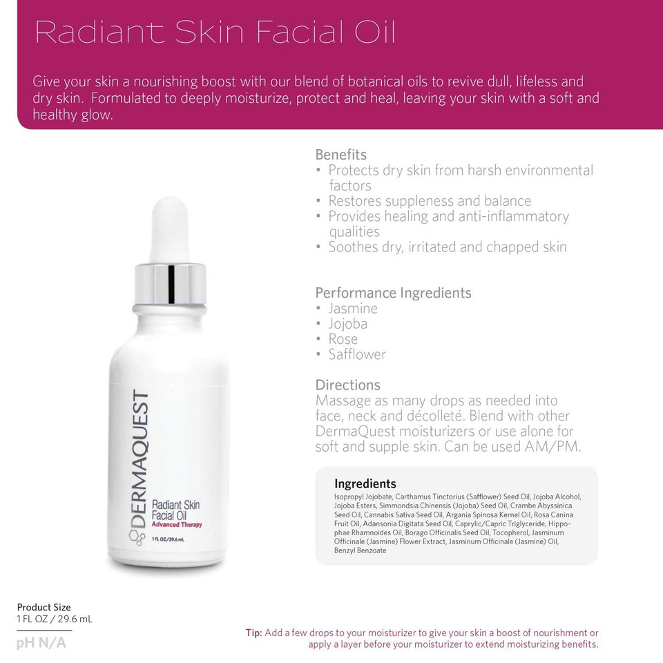Dermaquest Advanced Therapy Radiant Skin Facial Oil For Dry, Irritated & Chapped Skin - Botanical Blend Of Jasmine, Jojoba, Rose, Argan, & Safflower Oils (1Oz)