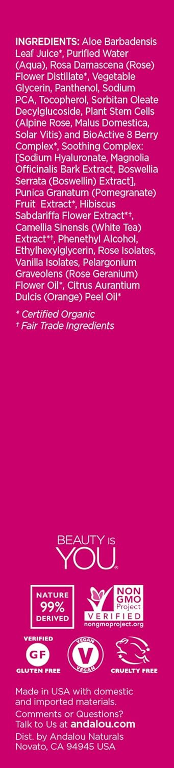 Andalou Naturals Toner, 1000 Roses Biome Balancing Facial Toner, Refreshing & Gentle On Sensitive Skin, Rose-Biotic Blend To Help Protect & Strengthen Skin Barrier, 6 Fl Oz Spray