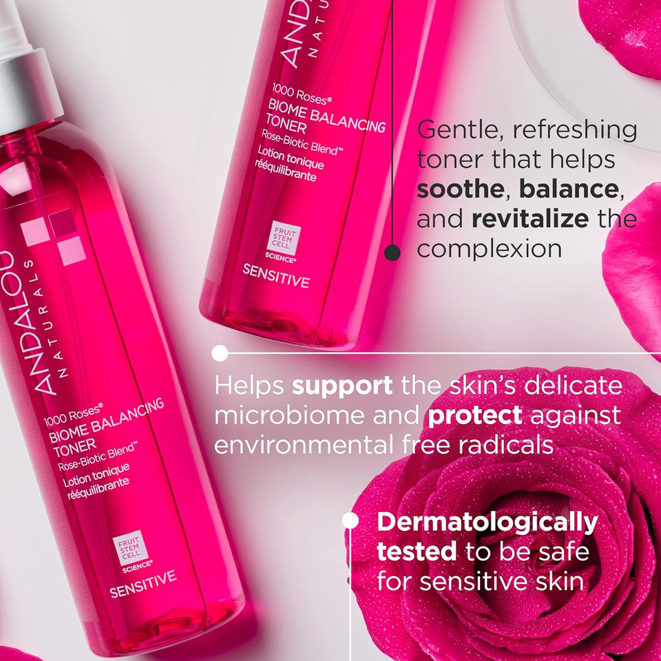 Andalou Naturals Toner, 1000 Roses Biome Balancing Facial Toner, Refreshing & Gentle On Sensitive Skin, Rose-Biotic Blend To Help Protect & Strengthen Skin Barrier, 6 Fl Oz Spray