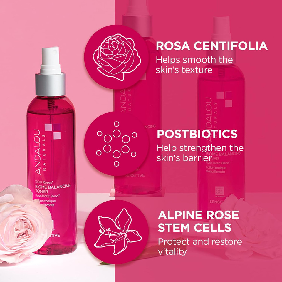 Andalou Naturals Toner, 1000 Roses Biome Balancing Facial Toner, Refreshing & Gentle On Sensitive Skin, Rose-Biotic Blend To Help Protect & Strengthen Skin Barrier, 6 Fl Oz Spray