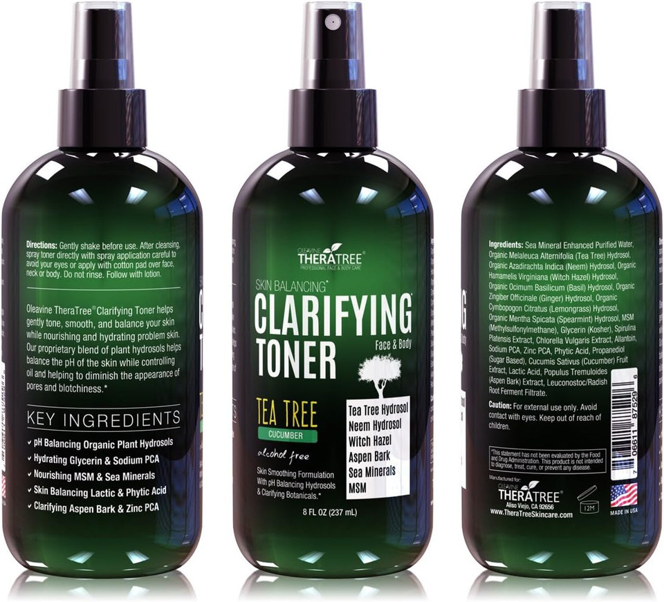 Clarifying Toner With Msm, Tea Tree & Neem Hydrosol, Complexion Control For Face & Body  Helps Reduce Appearance Of Pore Size, Controls Oil To Tone, Balance & Hydrate Skin - 8 Oz