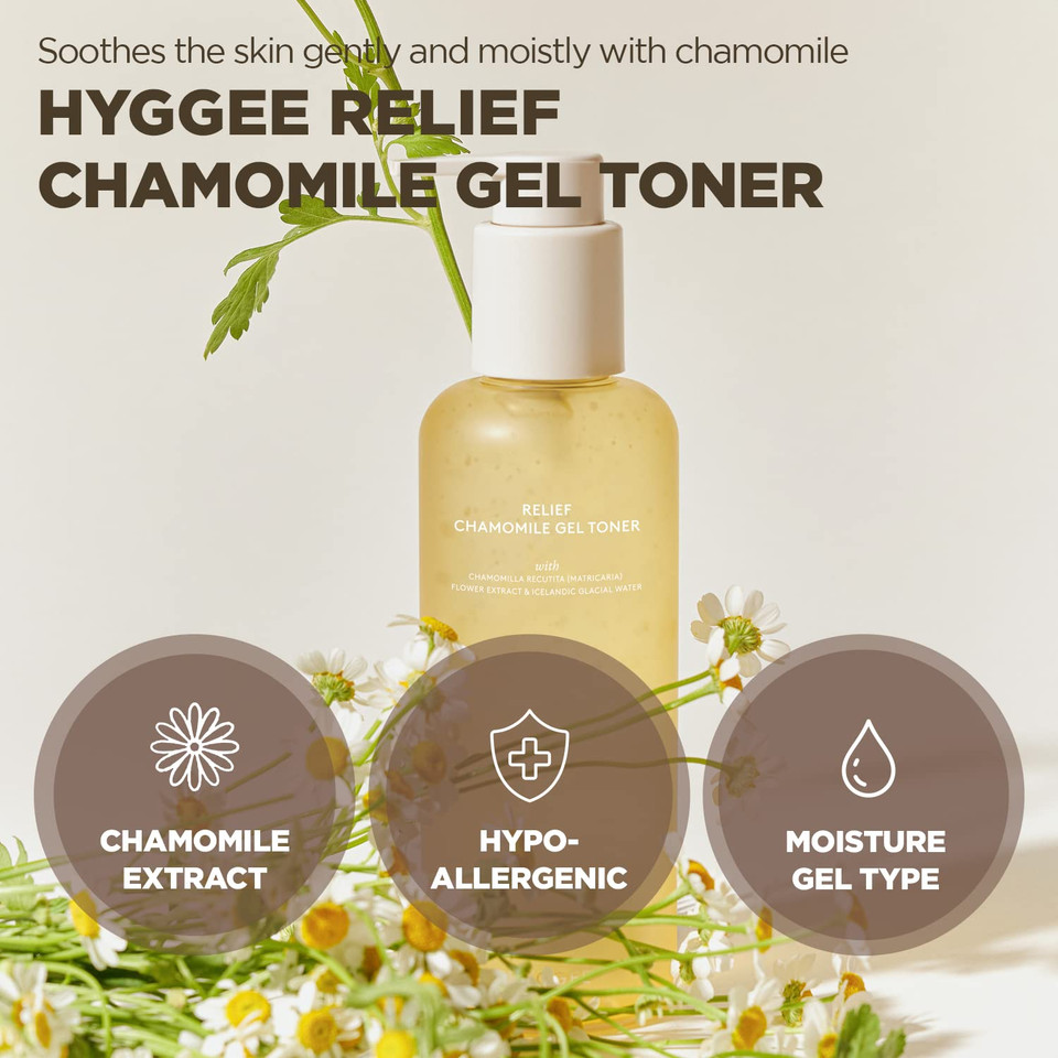 Hyggee Relief Chamomile Gel Toner - Gentle Soothing Moisturizer - Cooling & Moisturizing For Heated And Sensitive Skin - Hypoallergenic Refreshing Gel Formula, 6.76 Fl.Ozchamomile Gel Toner