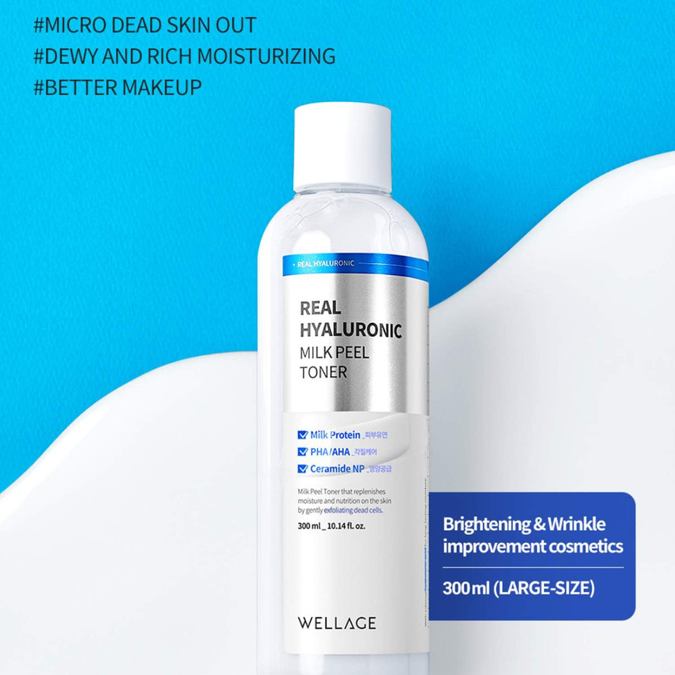 Wellage Real Hyaluronic Milk Peel Toner 300Ml (10.1 Fl.Oz), Sensitive Skin Toner With Hyaluronic Acid, Dead Skin Softening And Waste Removal, Moisturizing Face Exfoliator With Pha And Ahahyaluronic Milk Peel Toner