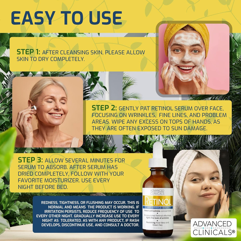 Advanced Clinicals Retinol Facial Serum Moisturizer Skin Care For Face, Anti Aging Retinol Concentrate Reduces Appearance Of Wrinkles & Fine Lines W/Nourishing Aloe Vera & Green Tea, 1.75 Fl Ozretinol Face Serum