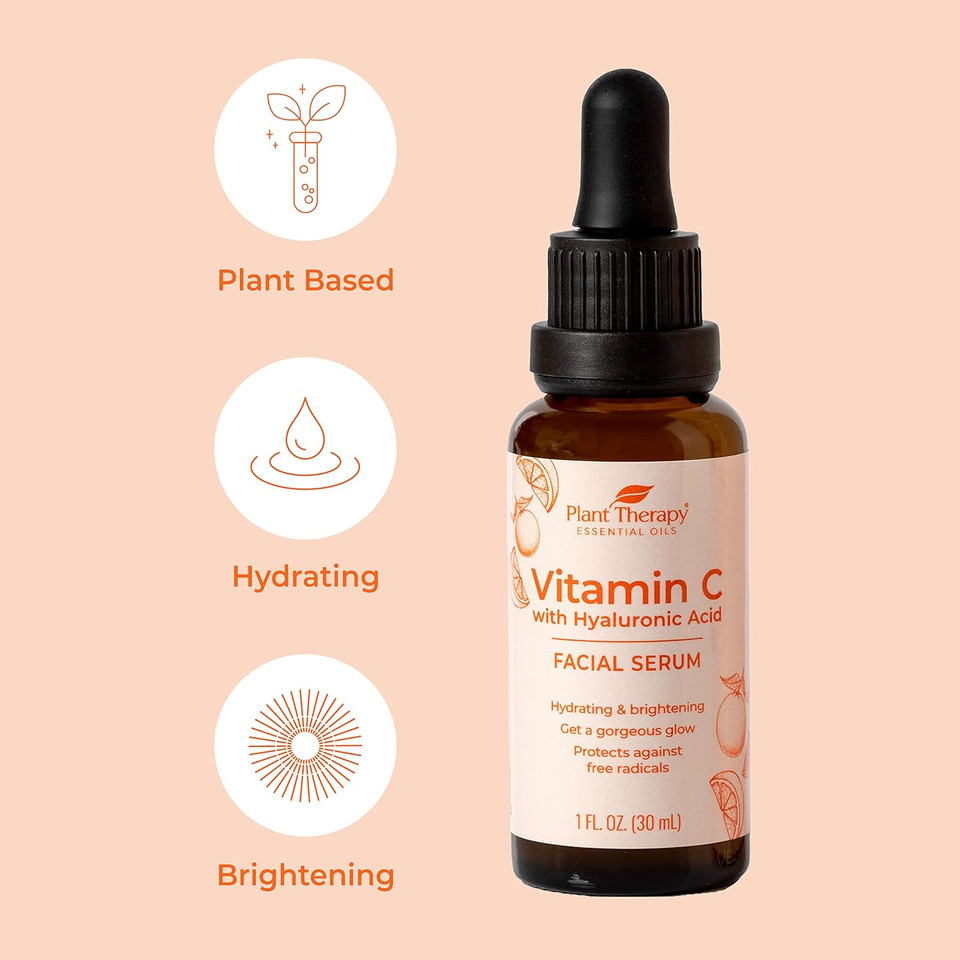 Plant Therapy Facial Serum Trio Set 1 Oz Each, Vitamin C & Hyaluronic Acid, Rose With Bakuchiol & Tea Tree With Niacinamide, Reduces The Appearance Of Fine Lines & Wrinkles
