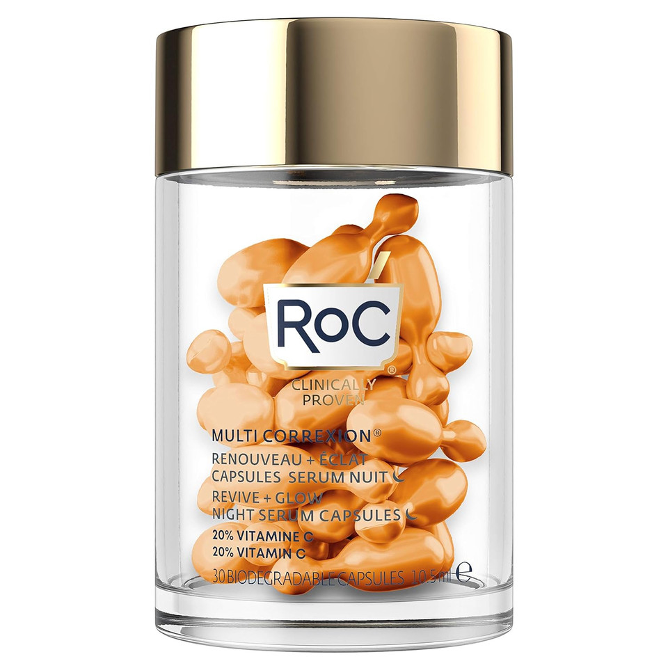 Roc Multi Correxion Revive + Glow 20% Pure Vitamin C Night Serum Capsules For Brightening, Dark Spots, And Texture, Christmas Gifts & Stocking Stuffers For Women And Men30 Count (Pack Of 1)
