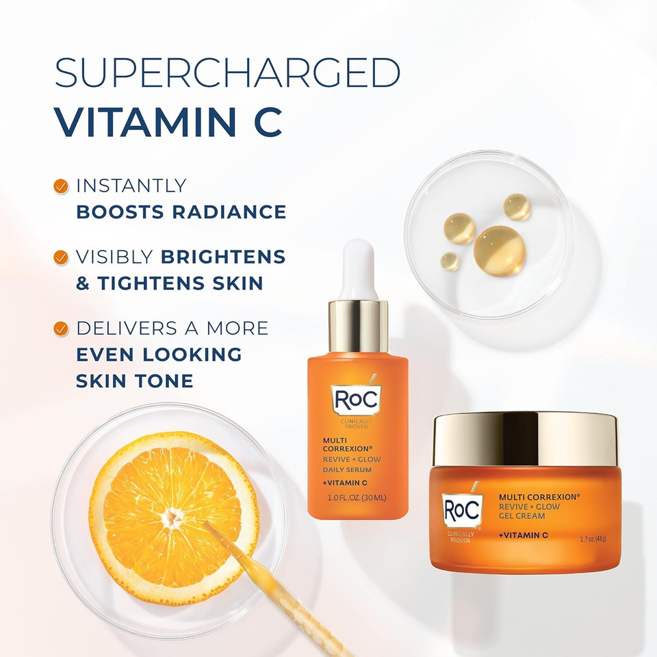 Roc Multi Correxion Revive + Glow Skin Care Regimen Bundle: Vitamin C Serum For Face + Vitamin C Cream For Tighter, Brighter Skin