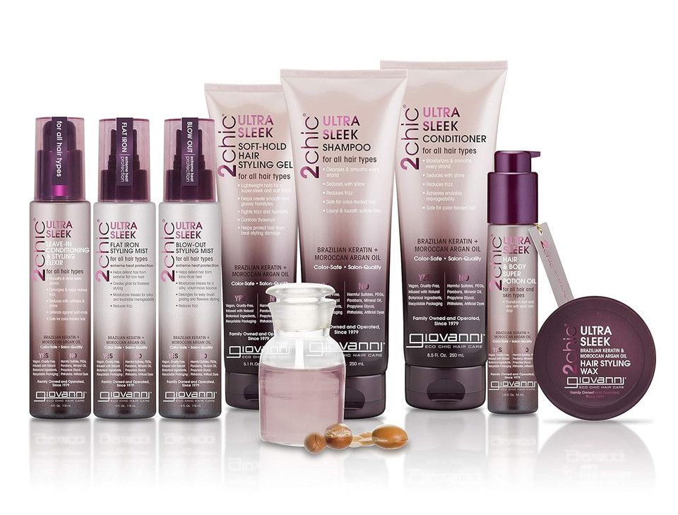 Giovanni 2Chic Ultra-Sleek Hair Super Body Potion - Brazilian Phyto-Keratin, Moroccan Argan Oil For Hair, Smoothing & Nourishing Formula, Hair Oil Serum, Helps Reduce Frizz - 1.8 Oz