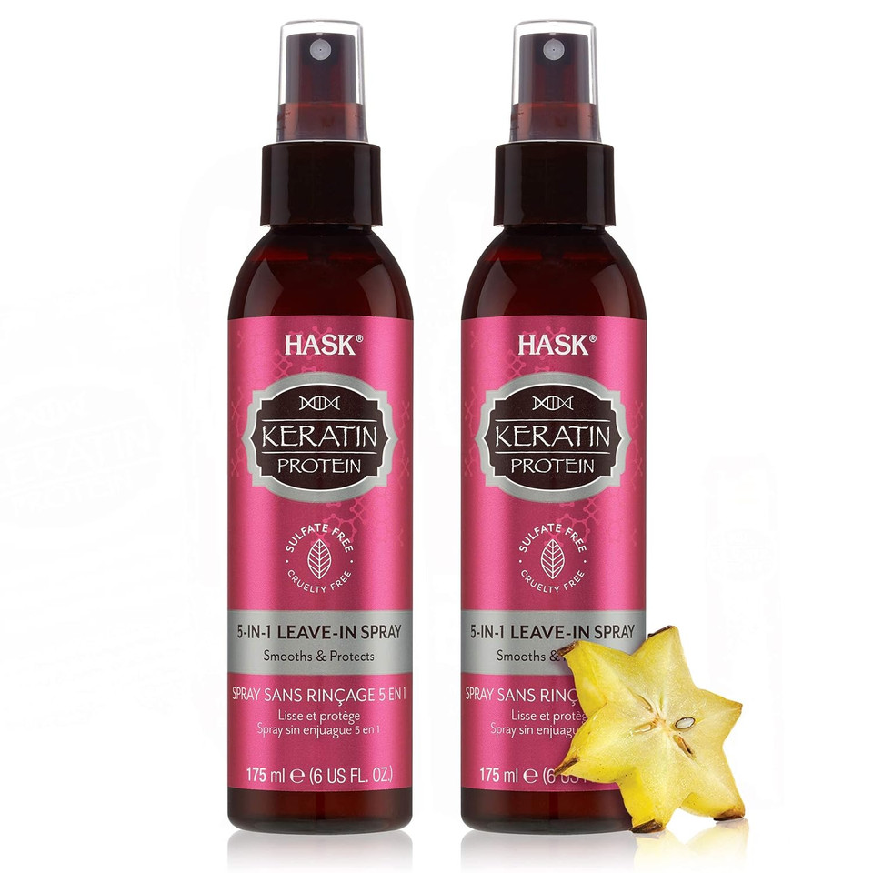 Hask Keratin Protein 5-In-1 Leave In Conditioner Spray For All Hair Types, Color Safe, Gluten Free, Sulfate Free, Paraben Free - Keratin 2 Piece Set