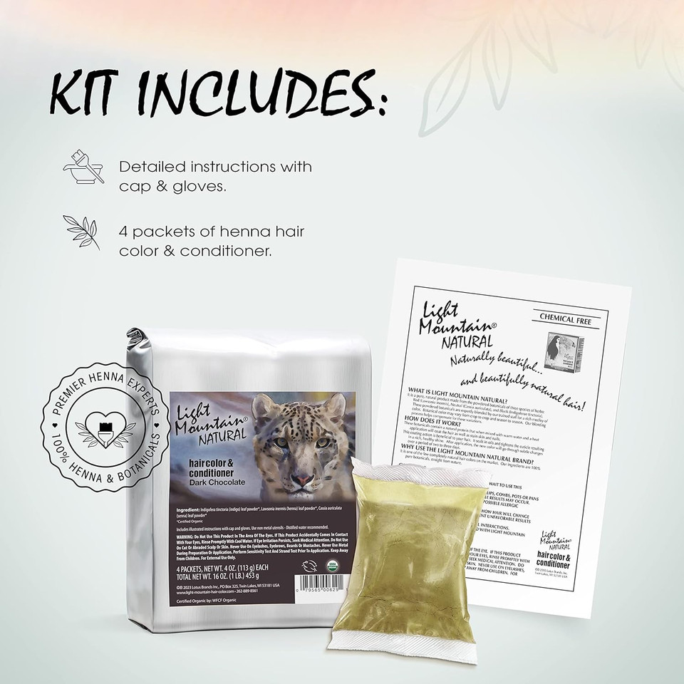 Light Mountain Henna Hair Color & Conditioner - Dark Chocolate Hair Dye For Men/Women, Organic Henna Leaf Powder And Botanicals, Chemical-Free, Semi-Permanent Hair Color, 16 Oz