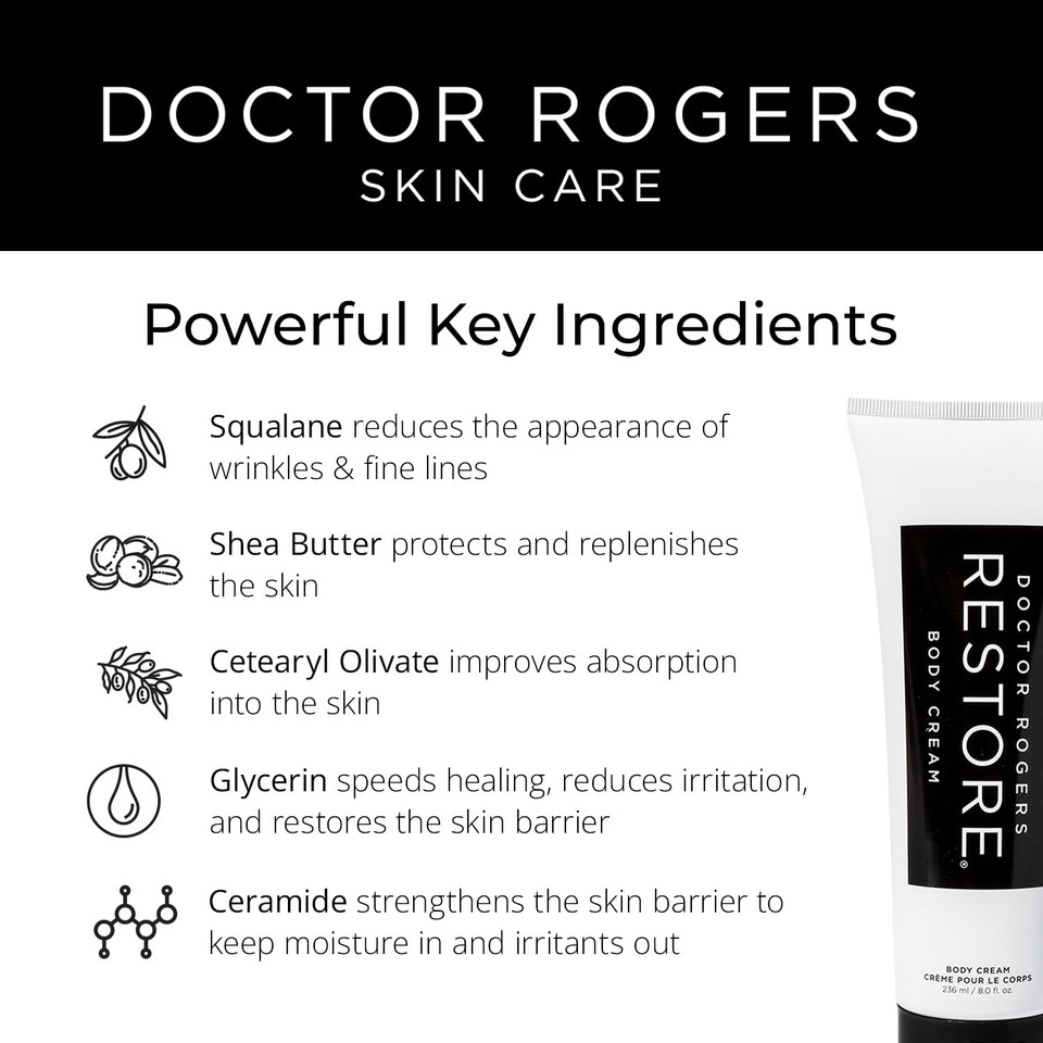 Doctor Rogers Body Cream | Squalane, Ceramide, Shea Butter & Glycerin | Rich & Hydrating | Dermatologist-Created | Fragrance & Paraben-Free 236 Ml / 8.0 Fl Oz